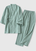 Pyjama japonais vert sauge en gaze de coton pour femme