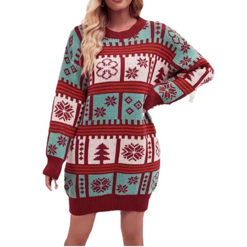 Robe pull de Noël col rond pour femme, Modèle Fair Isle