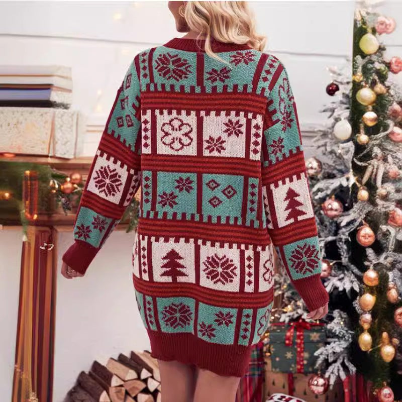 Robe pull de Noël en tricot pour femme avec motif festif et col montant