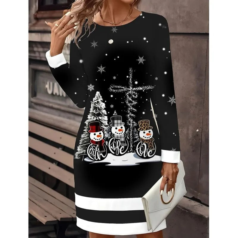 Robe pull de Noël pour femme en maille à motif bonhomme de neige, Coupe ample