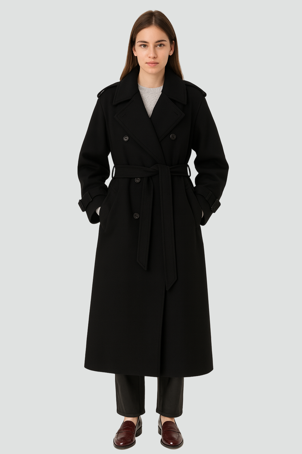 Trench-coat d'hiver classique à double boutonnage avec ceinture, manteau femme noir
