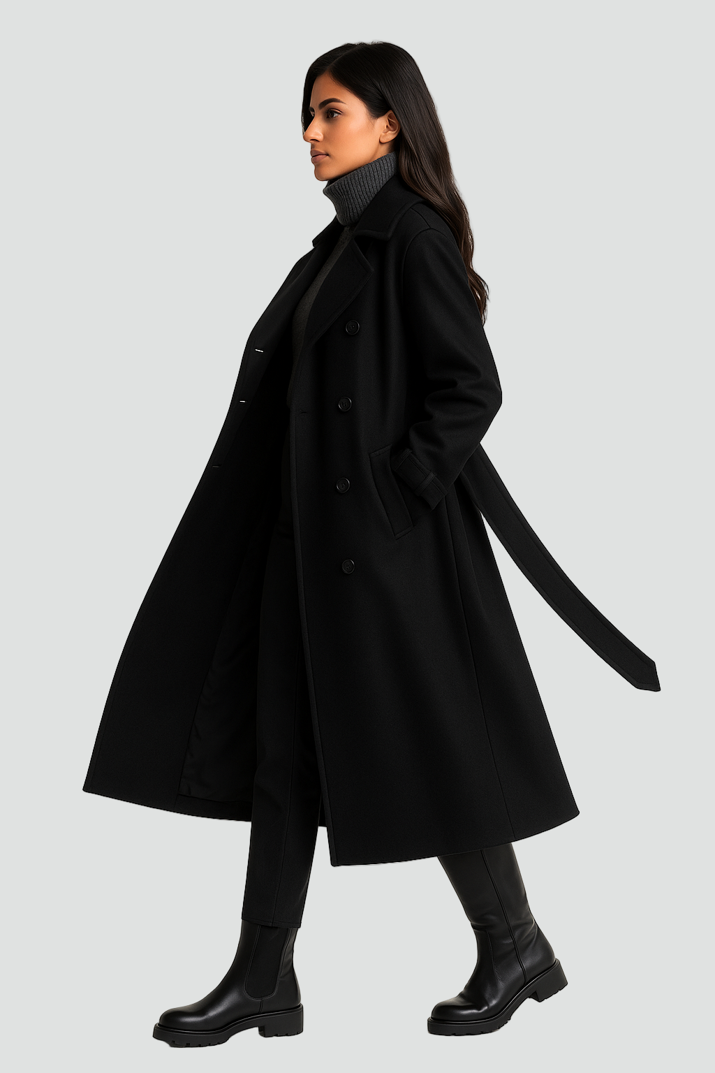 Trench-coat d'hiver classique à double boutonnage avec ceinture, manteau femme noir