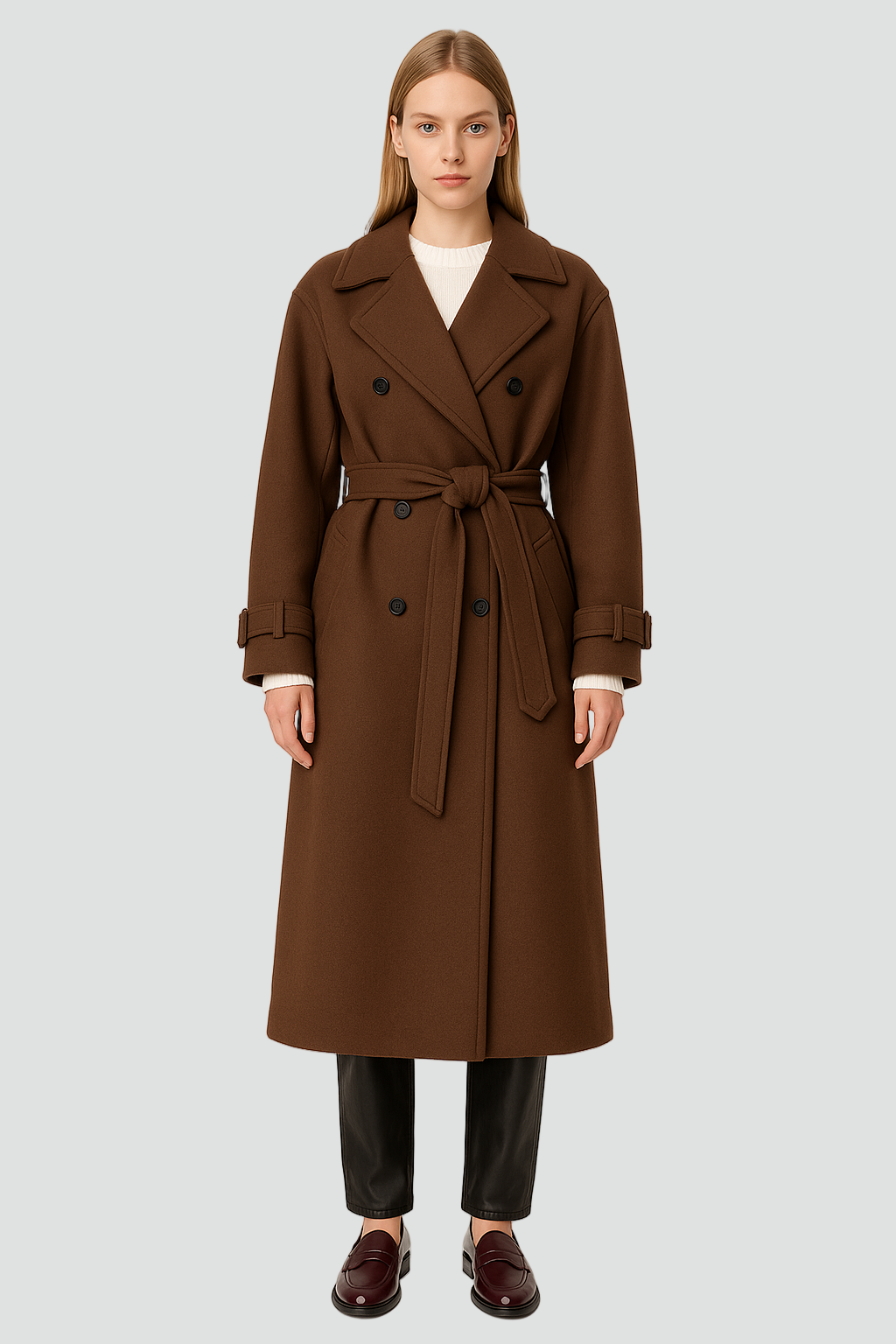 Trench-coat d'hiver classique à double boutonnage avec ceinture, manteau femme noir