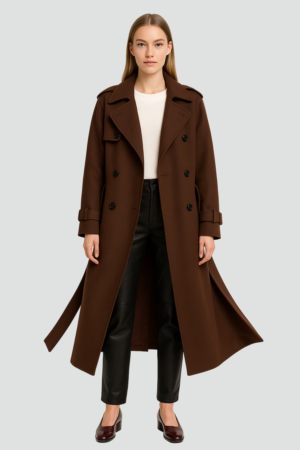 Trench-coat d'hiver classique à double boutonnage avec ceinture, manteau femme noir