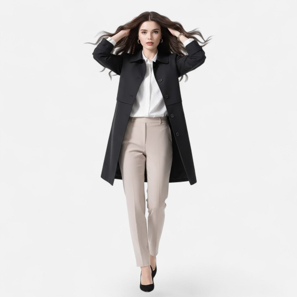 Trench-coat mi-long femme noir classique et élégant
