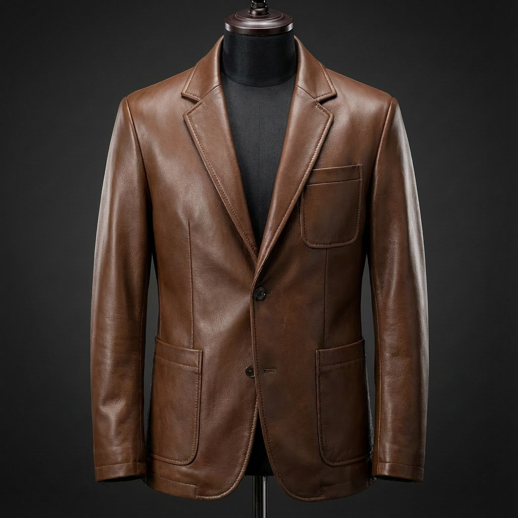 Veste blazer homme en simili cuir à revers crantés et poches plaquées