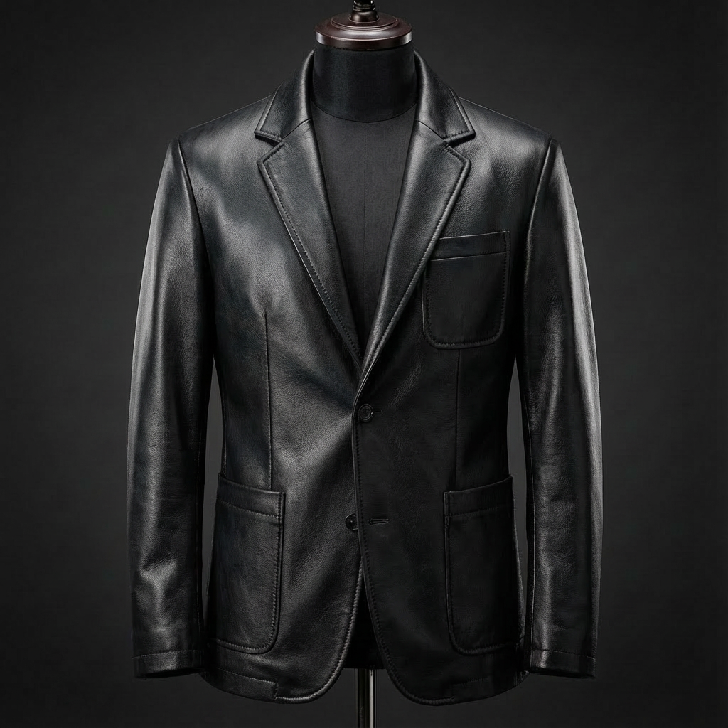 Veste blazer homme en simili cuir à revers crantés et poches plaquées