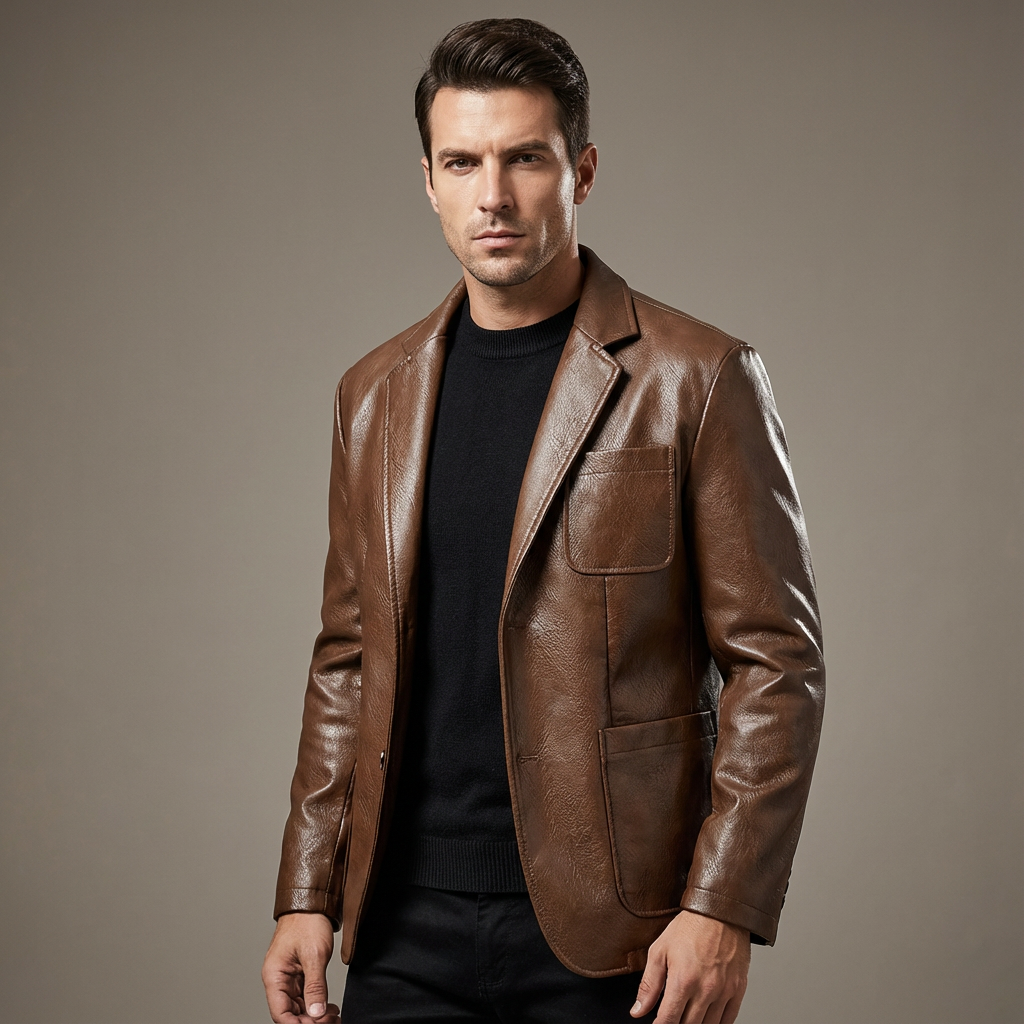 Veste blazer homme en simili cuir à revers crantés et poches plaquées