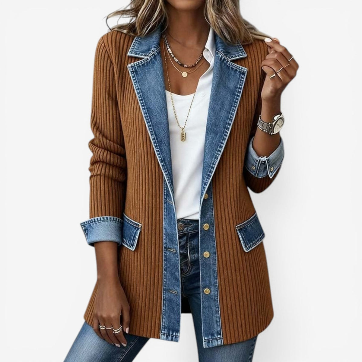 Veste boutonnée élégante à col superposé pour femme, Veste d'automne