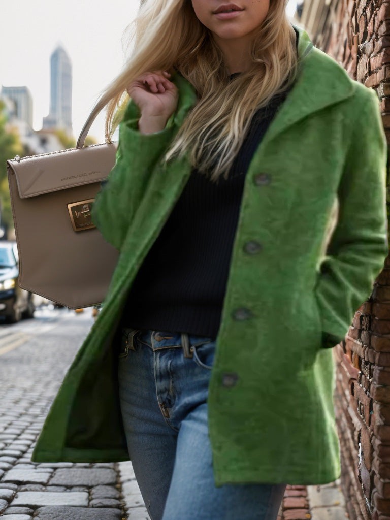 Veste courte en imitation daim pour femme à col chemise, patte de boutonnage et poches latérales