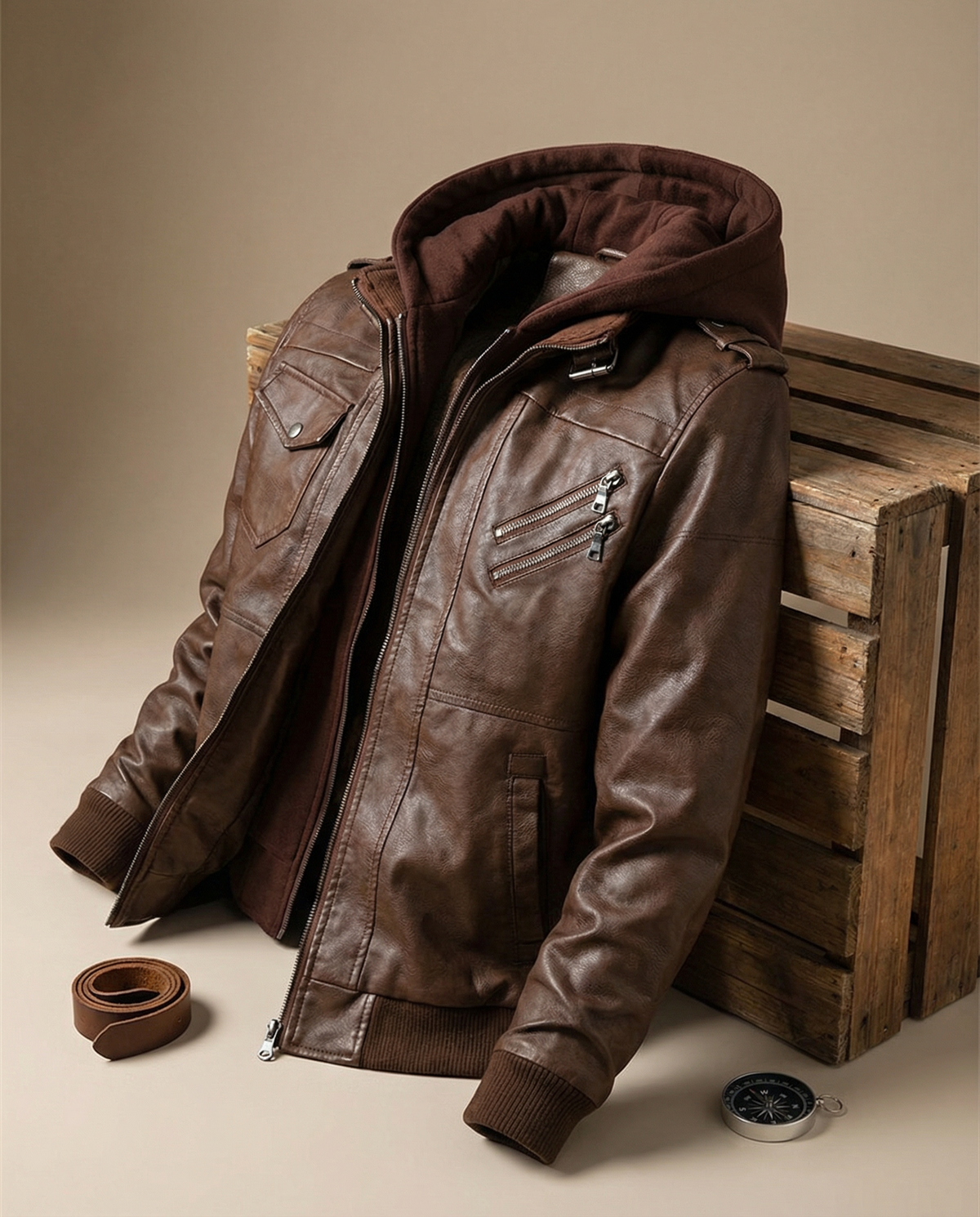 Veste en simili cuir à capuche amovible pour homme, double épaisseur