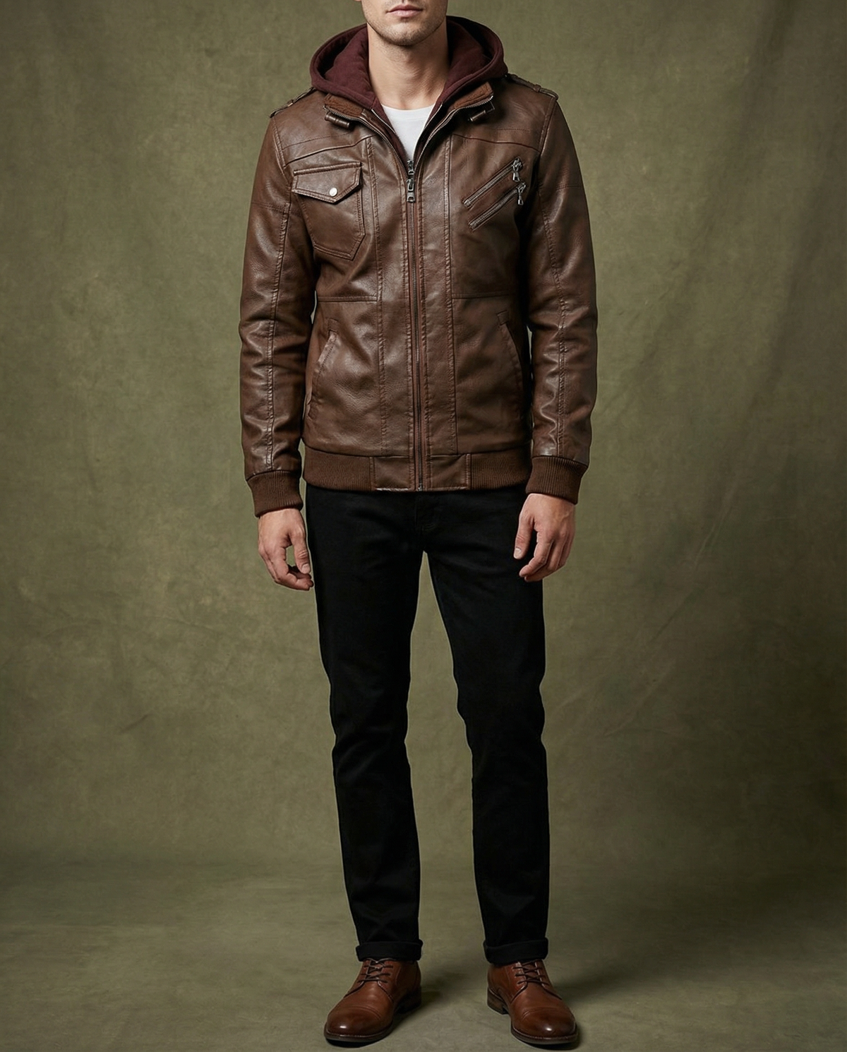 Veste en simili cuir à capuche amovible pour homme, double épaisseur