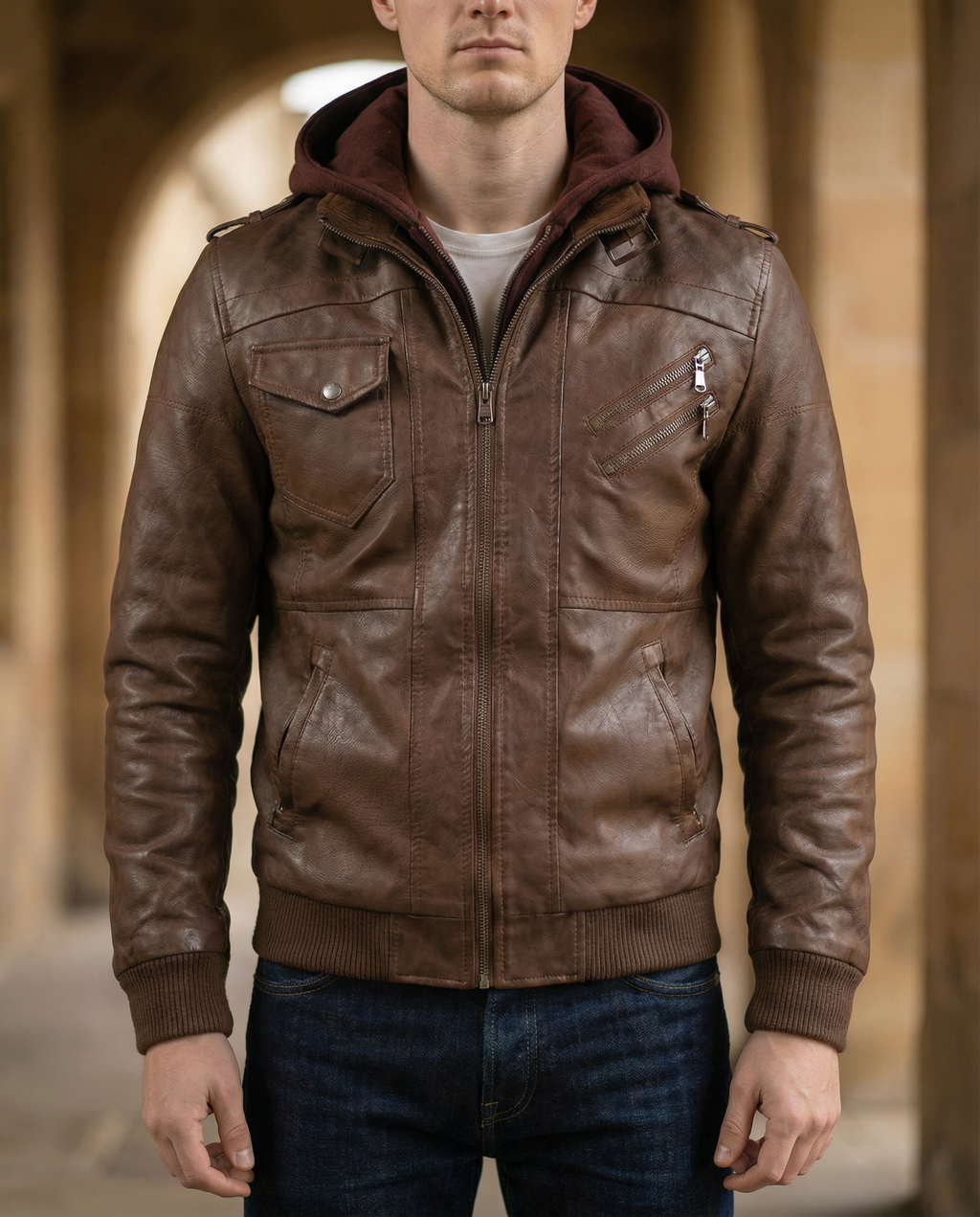 Veste en simili cuir à capuche amovible pour homme, double épaisseur