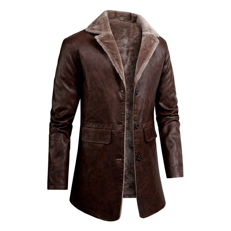 Veste longue en simili cuir pour homme avec col en fausse fourrure et doublure polaire