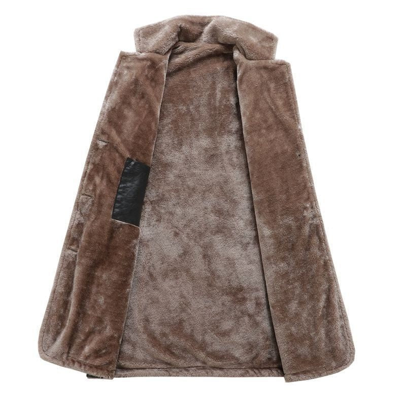 Veste longue en simili cuir pour homme avec col en fausse fourrure et doublure polaire