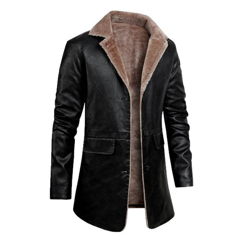 Veste longue en simili cuir pour homme avec col en fausse fourrure et doublure polaire