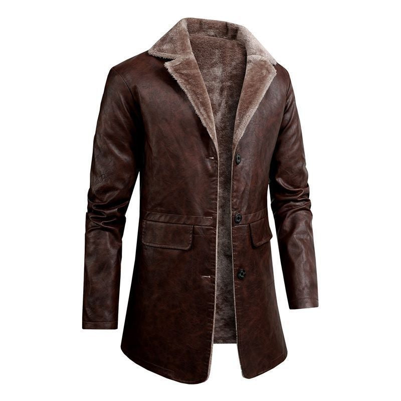 Veste longue en simili cuir pour homme avec col en fausse fourrure et doublure polaire
