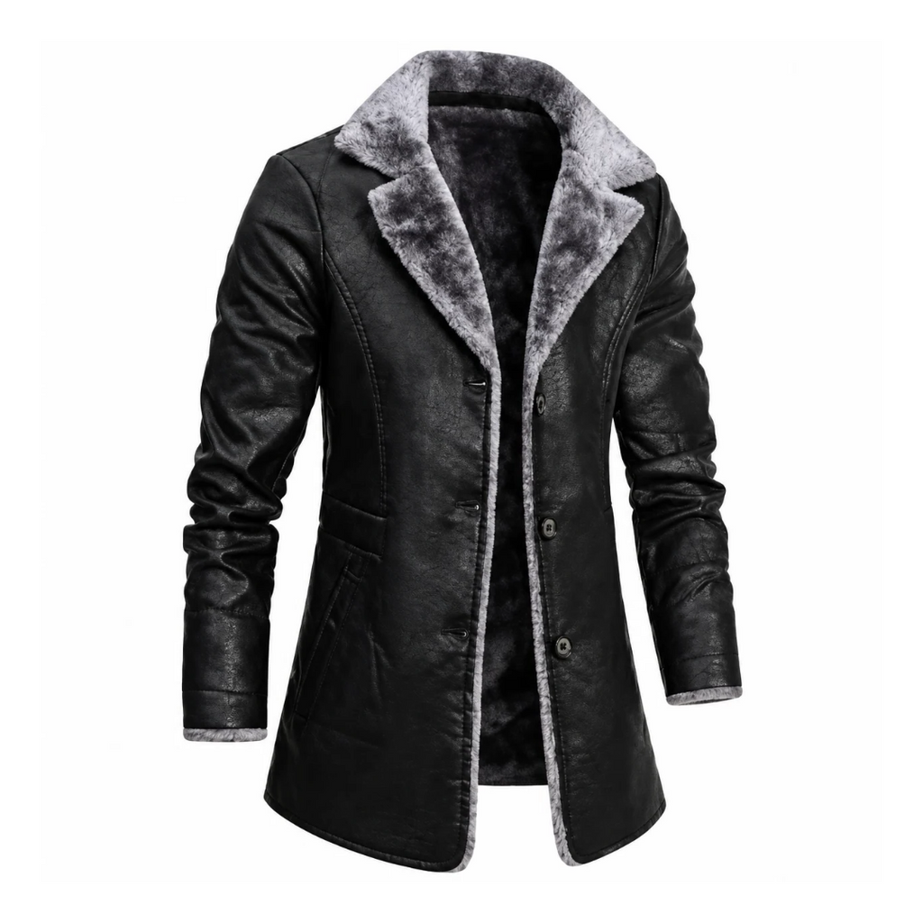Veste longue en simili cuir pour homme avec col en fausse fourrure et doublure polaire
