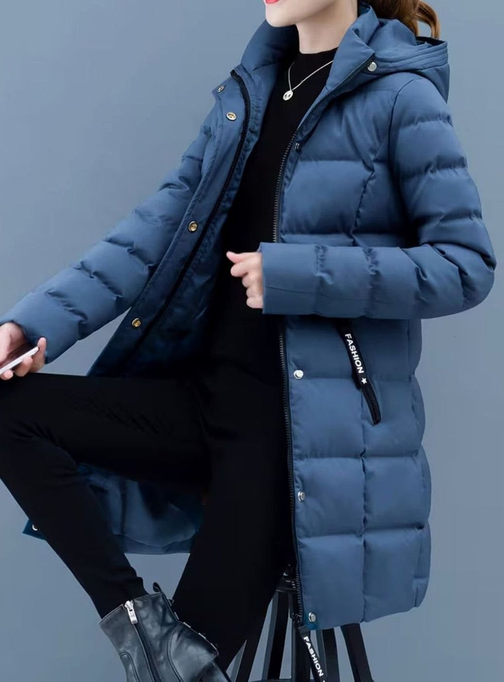 Veste longue matelassée à capuche zippée pour femme, Manteau d'hiver mi-long