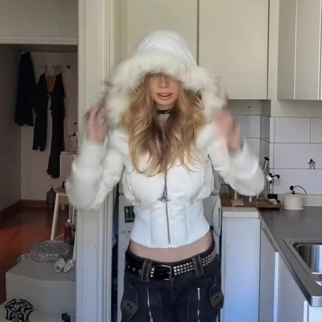 Veste matelassée courte à capuche amovible en fausse fourrure pour femme, Veste d'hiver élégante et confortable