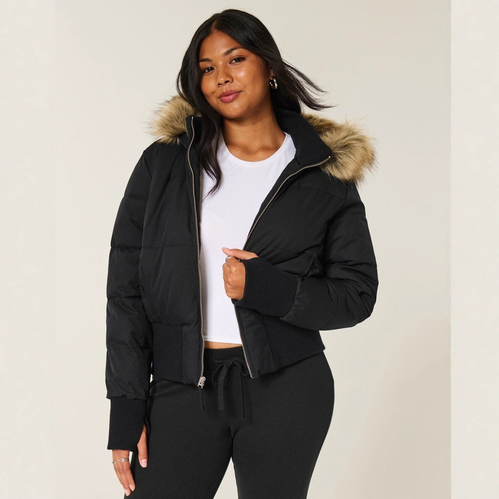 Veste matelassée courte à capuche amovible en fausse fourrure pour femme, Veste d'hiver élégante et confortable