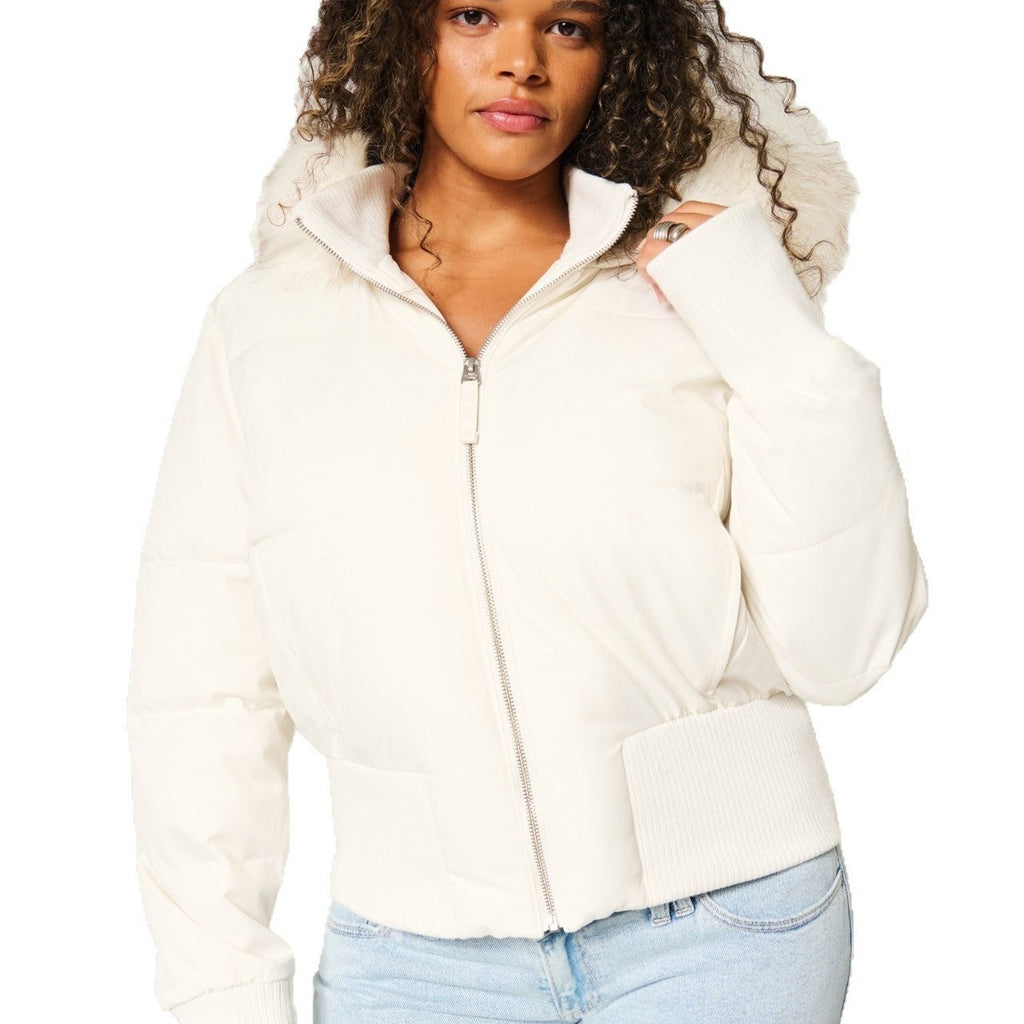 Veste matelassée courte à capuche amovible en fausse fourrure pour femme, Veste d'hiver élégante et confortable