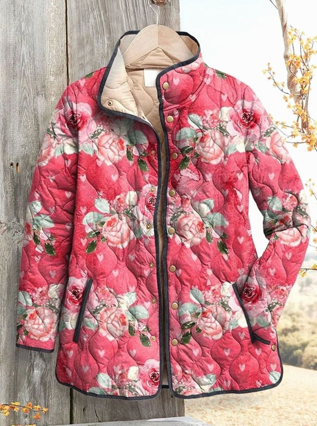 Veste matelassée fleurie pour femme à col montant et boutons pression