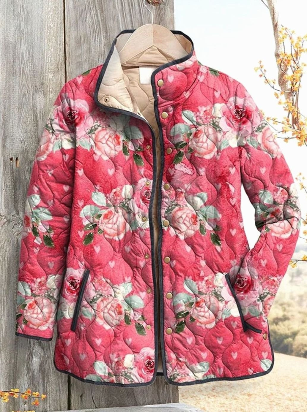 Veste matelassée fleurie pour femme à col montant et boutons pression