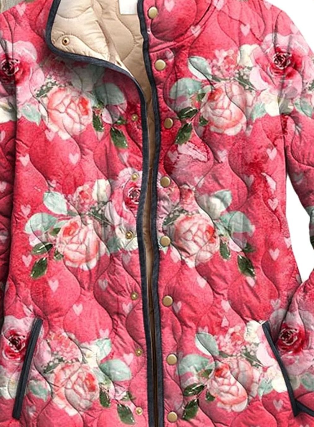 Veste matelassée fleurie pour femme à col montant et boutons pression