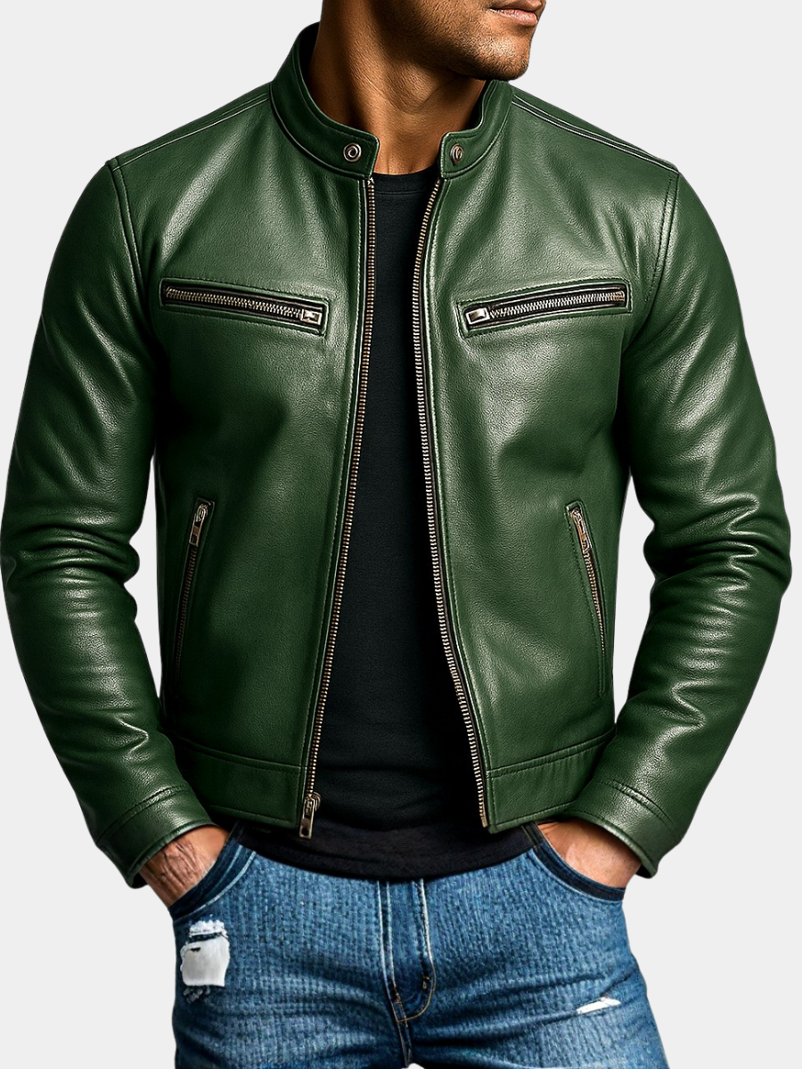 Veste motard homme en simili cuir à zip asymétrique et col à pression