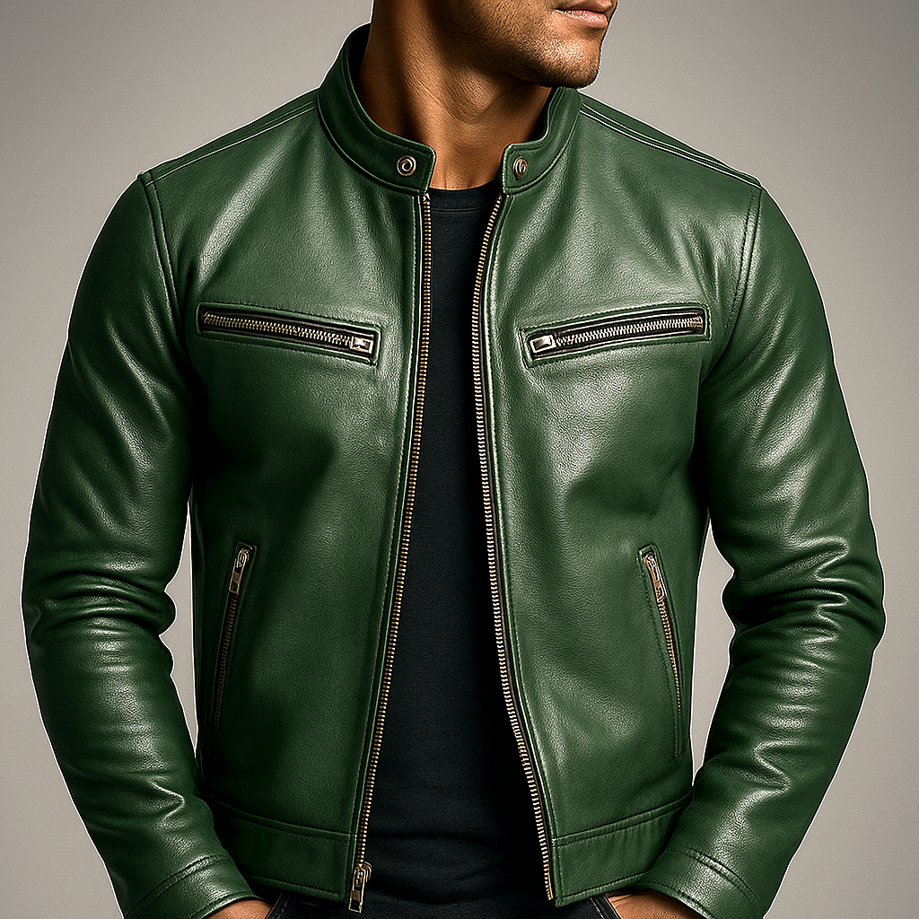 Veste motard homme en simili cuir à zip asymétrique et col à pression