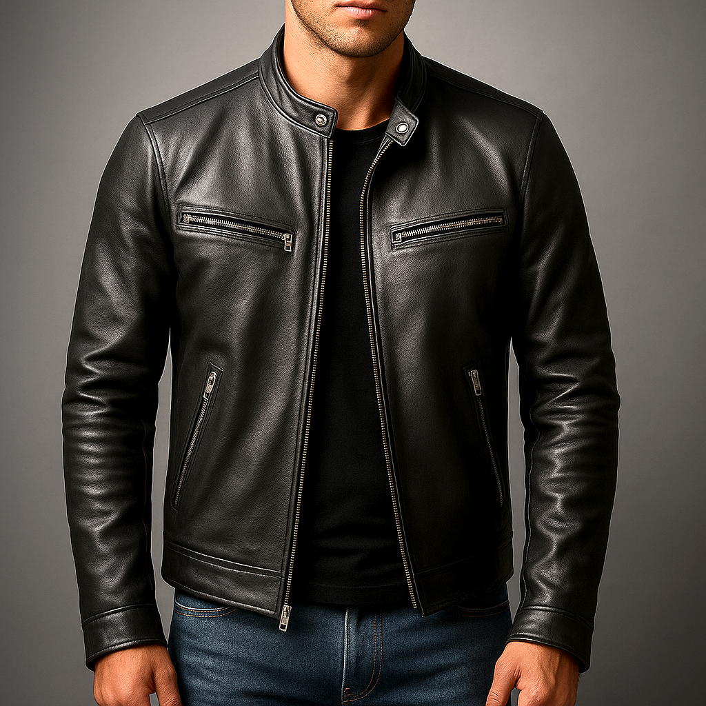 Veste motard homme en simili cuir à zip asymétrique et col à pression