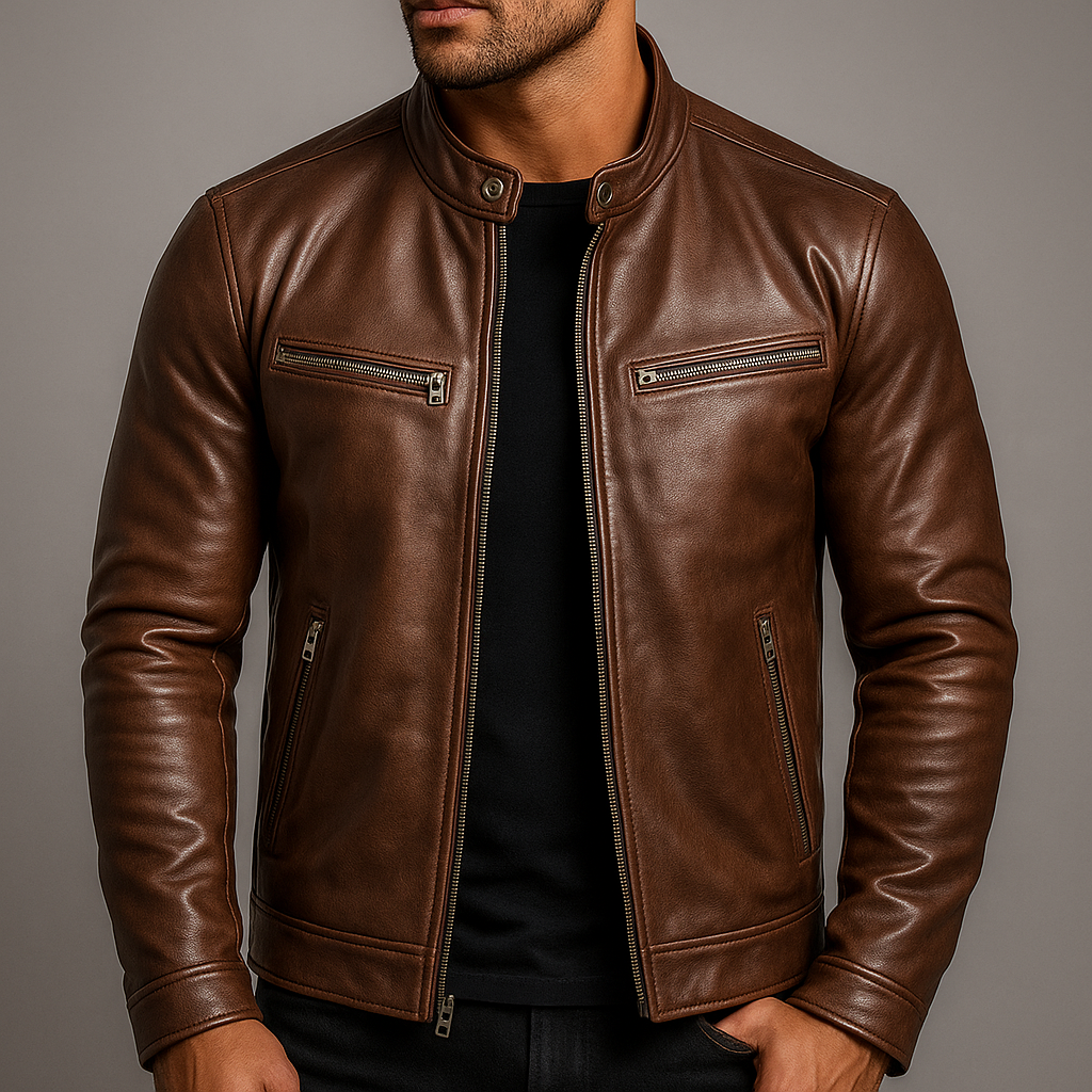 Veste motard homme en simili cuir à zip asymétrique et col à pression